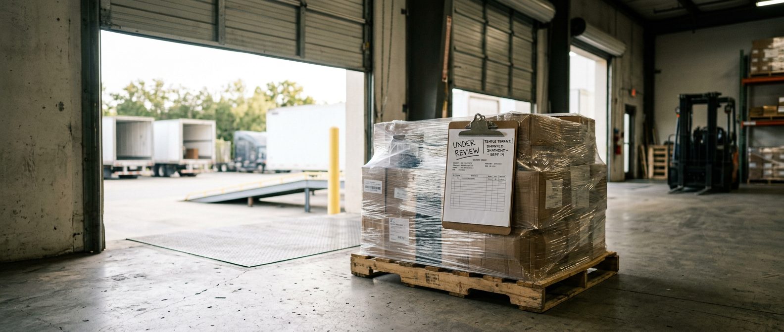 Warehouse loading dock with a plastic-wrapped pallet of inventory and a clipboard marked "under review" in morning light.