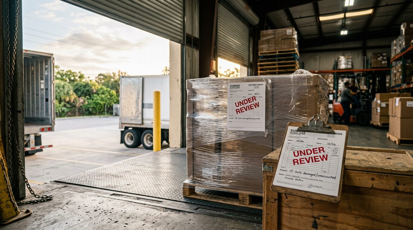 Warehouse loading dock with a wrapped pallet of disputed inventory and a clipboard marked "under review," lit by morning light through open roll-up doors.