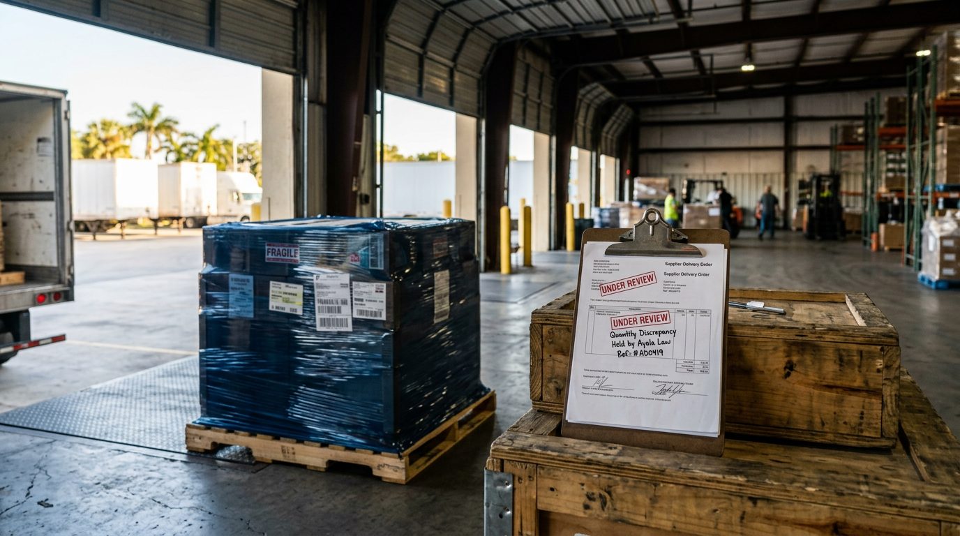 Warehouse loading dock with a wrapped pallet of inventory and a clipboard marked "under review," lit by morning light through open doors.