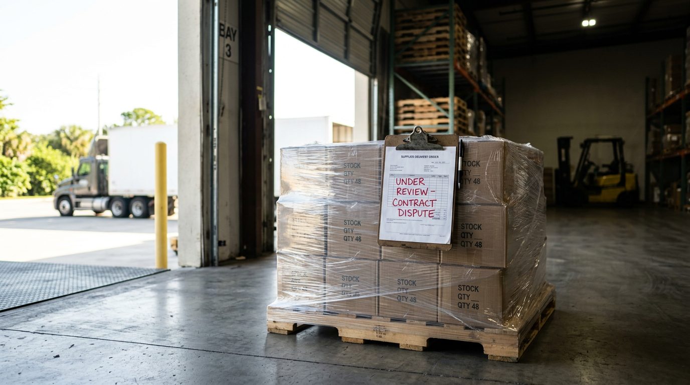 Warehouse loading dock with a wrapped pallet of inventory and a clipboard marked "under review," lit by morning light through open doors.