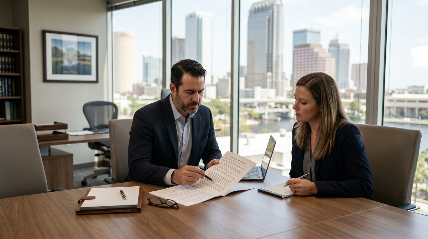 Wide view of a conference table in a Tampa law office, with a service agreement, a pen, and a laptop.