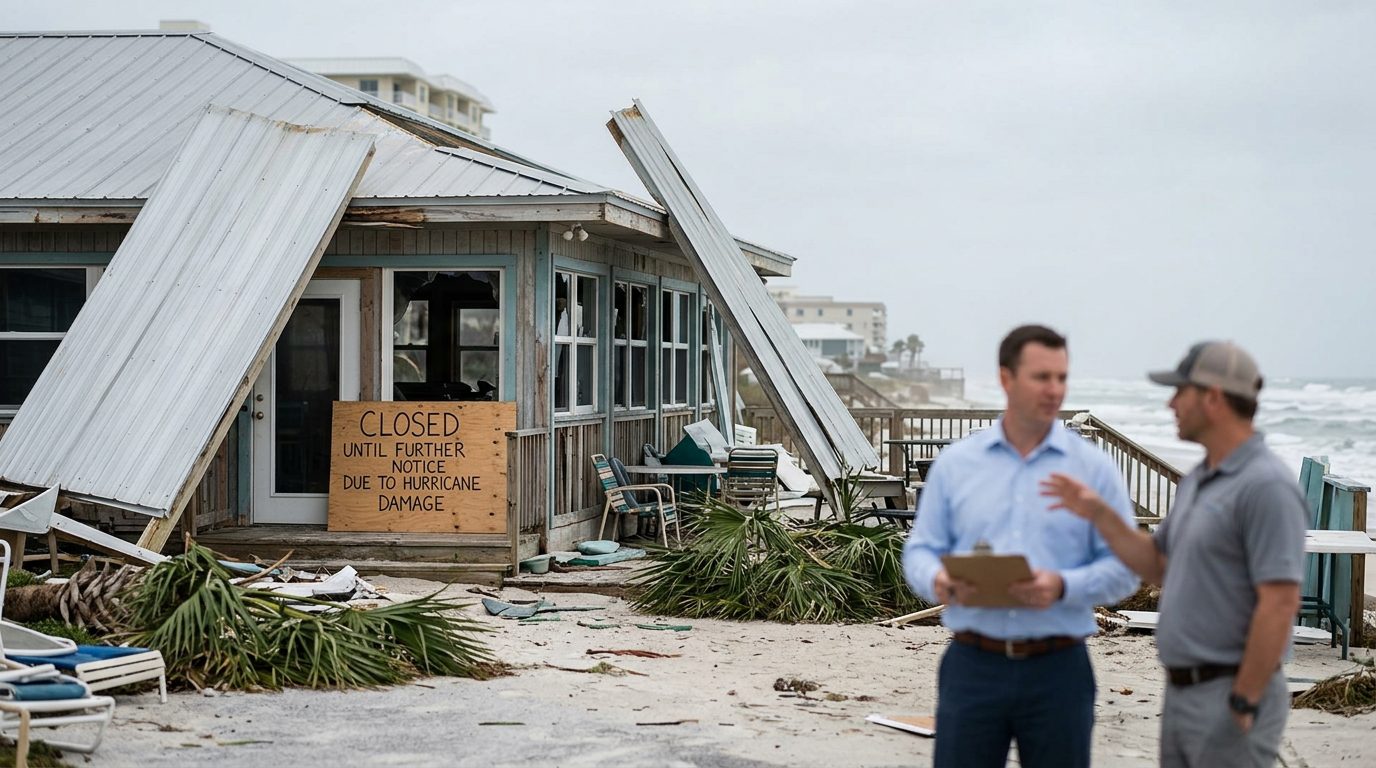 Vista amplia de una obra de construcción en Florida bajo cielo nublado, con una carpeta de contrato sobre una mesa cercana.