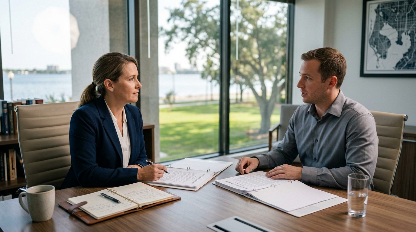 Wide view of a Tampa office conference table with contracts, a pen, and a laptop, set for a non-compete dispute.