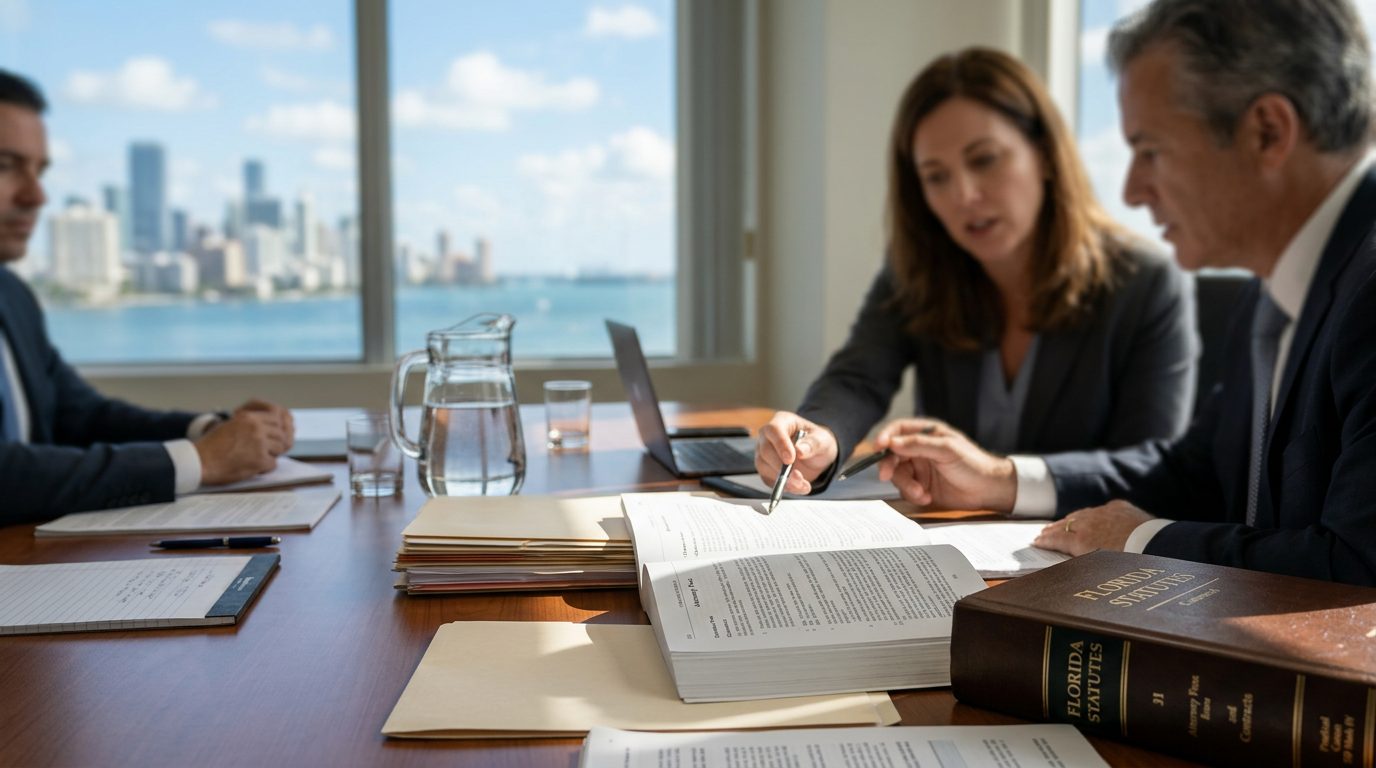Wide view of an office desk with a contract, pen, calculator, and legal papers.